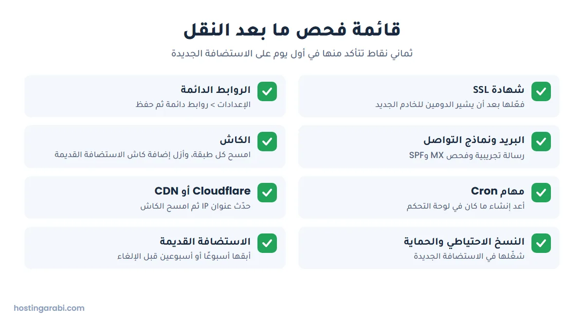 قائمة فحص ما بعد نقل موقع ووردبريس: SSL والروابط الدائمة والبريد والكاش وCron وCDN والنسخ الاحتياطي