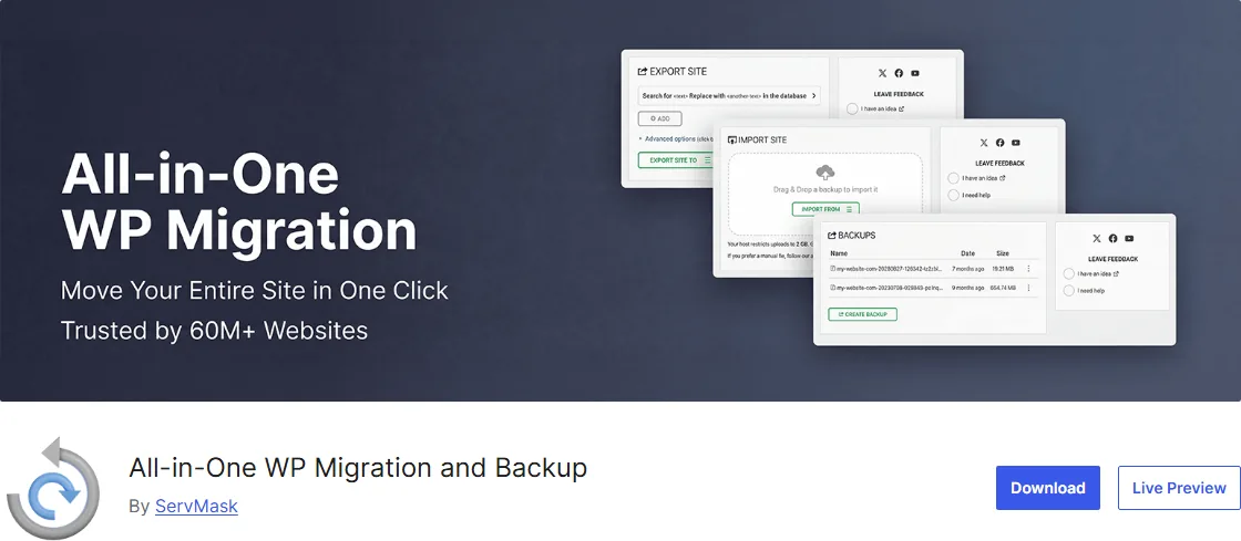 صفحة إضافة All-in-One WP Migration في مكتبة إضافات ووردبريس