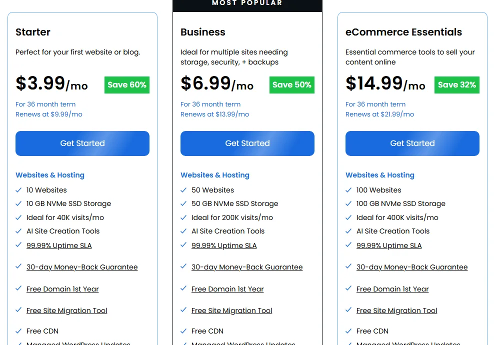 خطط بلوهوست Starter وBusiness وeCommerce Essentials على اشتراك 36 شهرًا