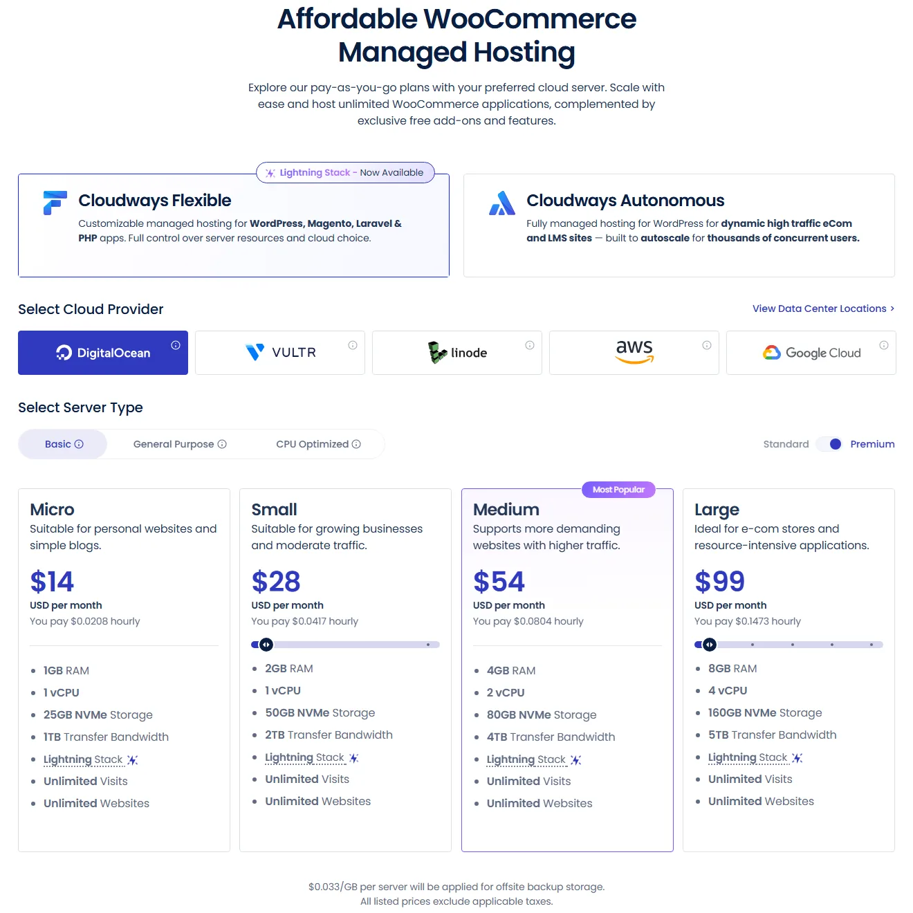 خطط وأسعار استضافة ووكومرس لدى كلاودويز Cloudways