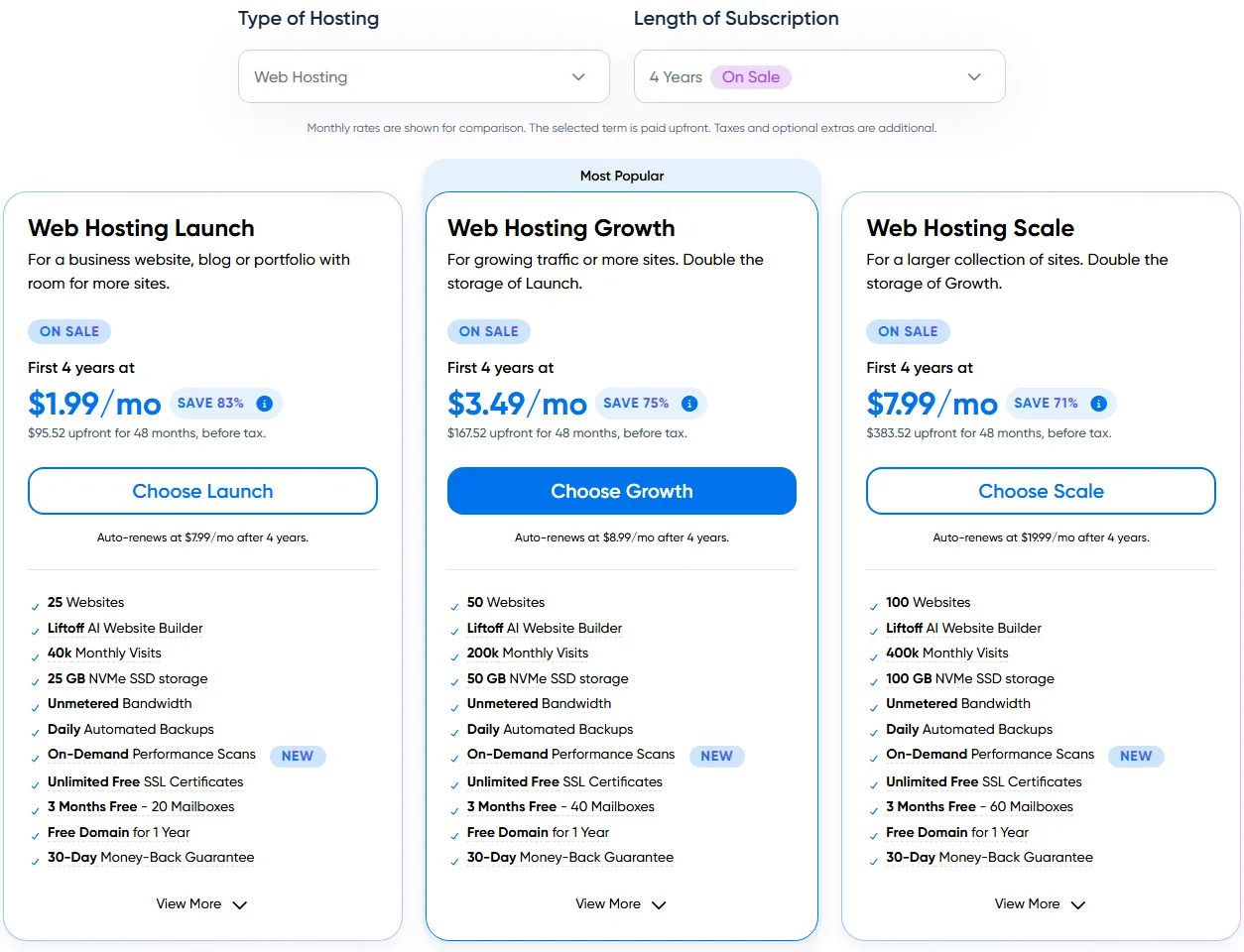 خطط دريم هوست Web Hosting Launch وGrowth وScale على اشتراك 4 سنوات