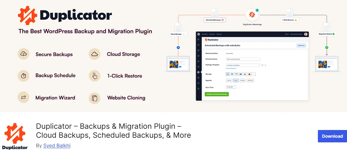صفحة إضافة Duplicator للنسخ الاحتياطي والنقل في مكتبة إضافات ووردبريس