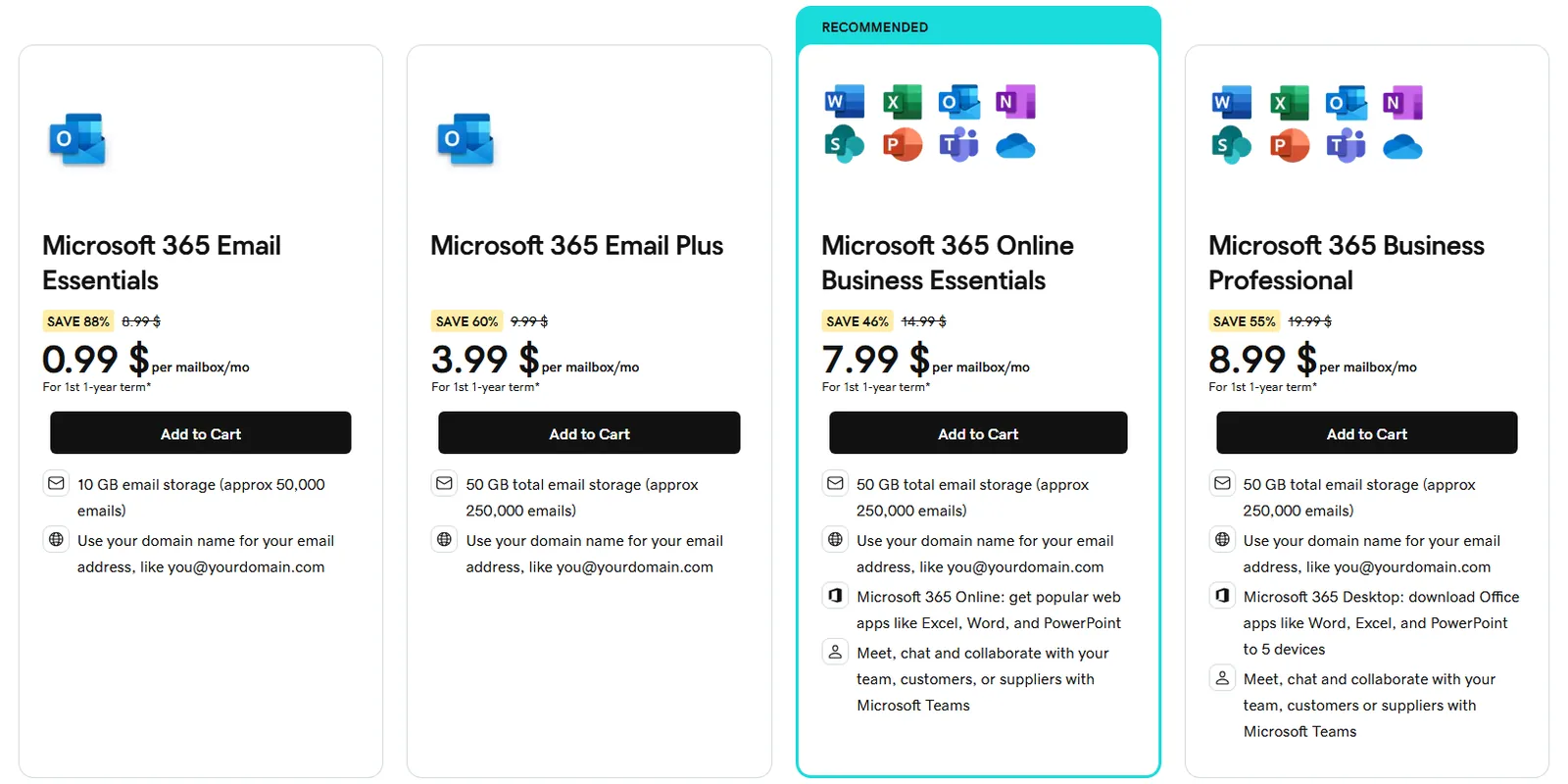 خطط بريد جودادي الاحترافي Microsoft 365 وأسعارها لكل صندوق بريد (أكتوبر 2026)