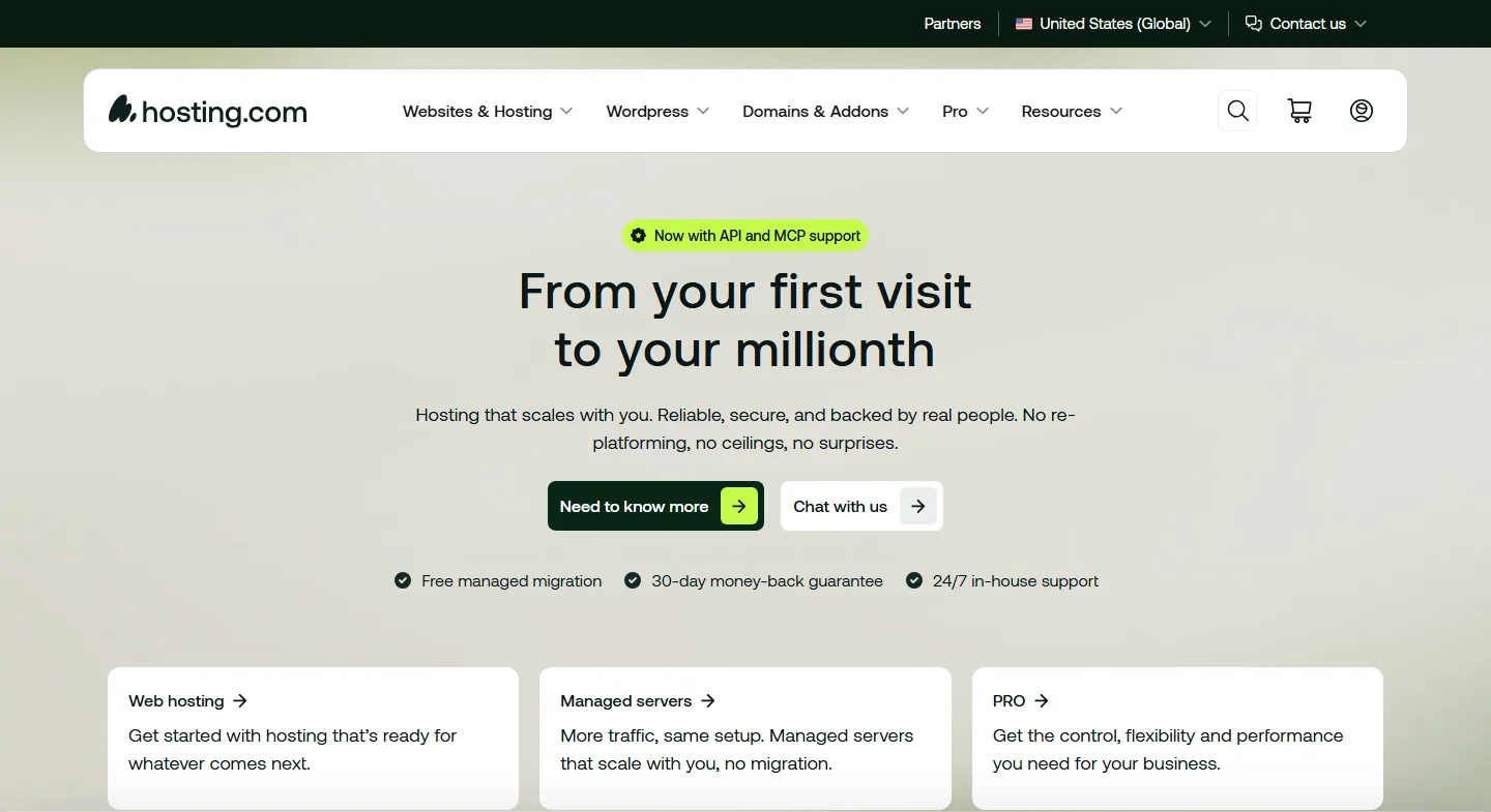 الصفحة الرئيسية لموقع هوستنج Hosting.com