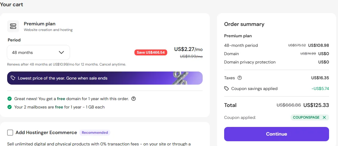سلة هوستنجر بعد تطبيق كود COUPONSPAGE على خطة Premium لمدة 48 شهرًا مع سطر Coupon savings applied (أكتوبر 2026)