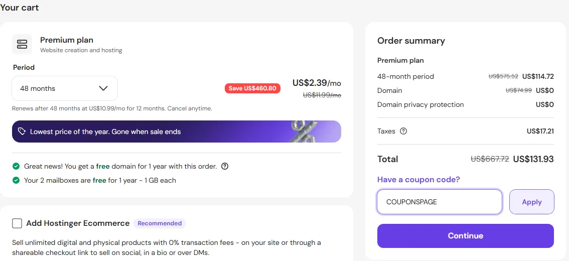 سلة الشراء في هوستنجر مع خانة Have a coupon code وزر Apply لإدخال كود الخصم (أكتوبر 2026)