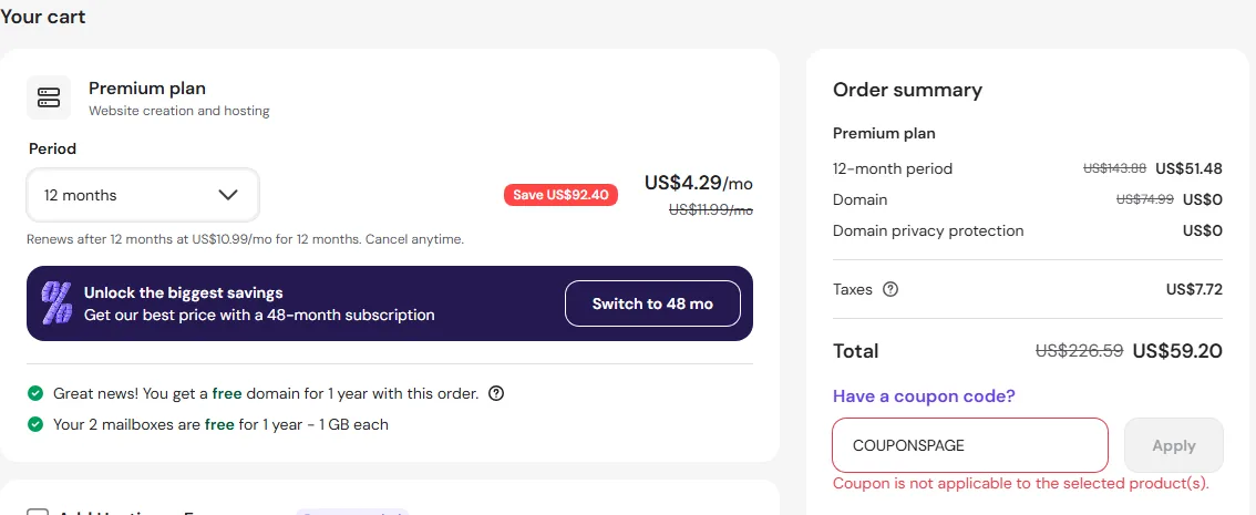 رسالة Coupon is not applicable عند تجربة كود COUPONSPAGE على خطة Premium لمدة 12 شهرًا في هوستنجر (أكتوبر 2026)