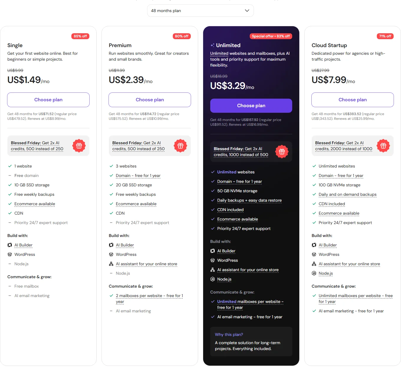 خطط استضافة هوستنجر في متجرها للدول العربية Single وPremium وUnlimited وCloud Startup