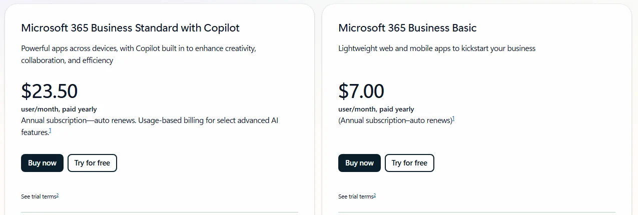 سعر خطة Microsoft 365 Business Basic وBusiness Standard بالدولار (أكتوبر 2026)