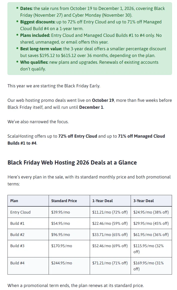 ملخص عرض Black Friday في مدونة ScalaHosting وجدول أسعار Entry Cloud وخطط Managed Cloud قبل الخصم وبعده على مدة سنة وثلاث سنوات