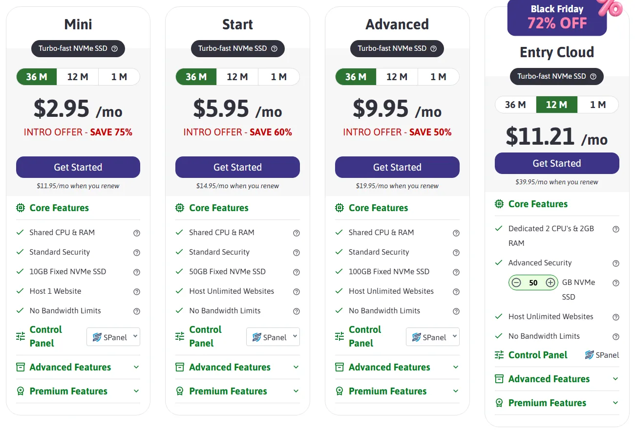 بطاقات خطط ScalaHosting: Mini وStart وAdvanced وEntry Cloud مع أسعارها الظاهرة في صفحة الأسعار الرسمية