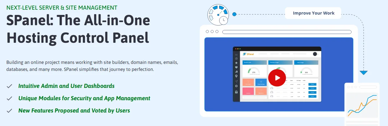 صفحة لوحة التحكم SPanel في موقع ScalaHosting مع صورة توضيحية للوحة المعلومات