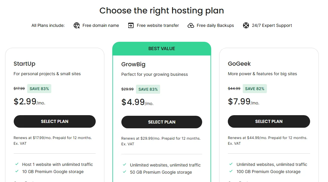 خطط استضافة سايت جراوند StartUp وGrowBig وGoGeek مع سعر البداية وسعر التجديد (أكتوبر 2026)