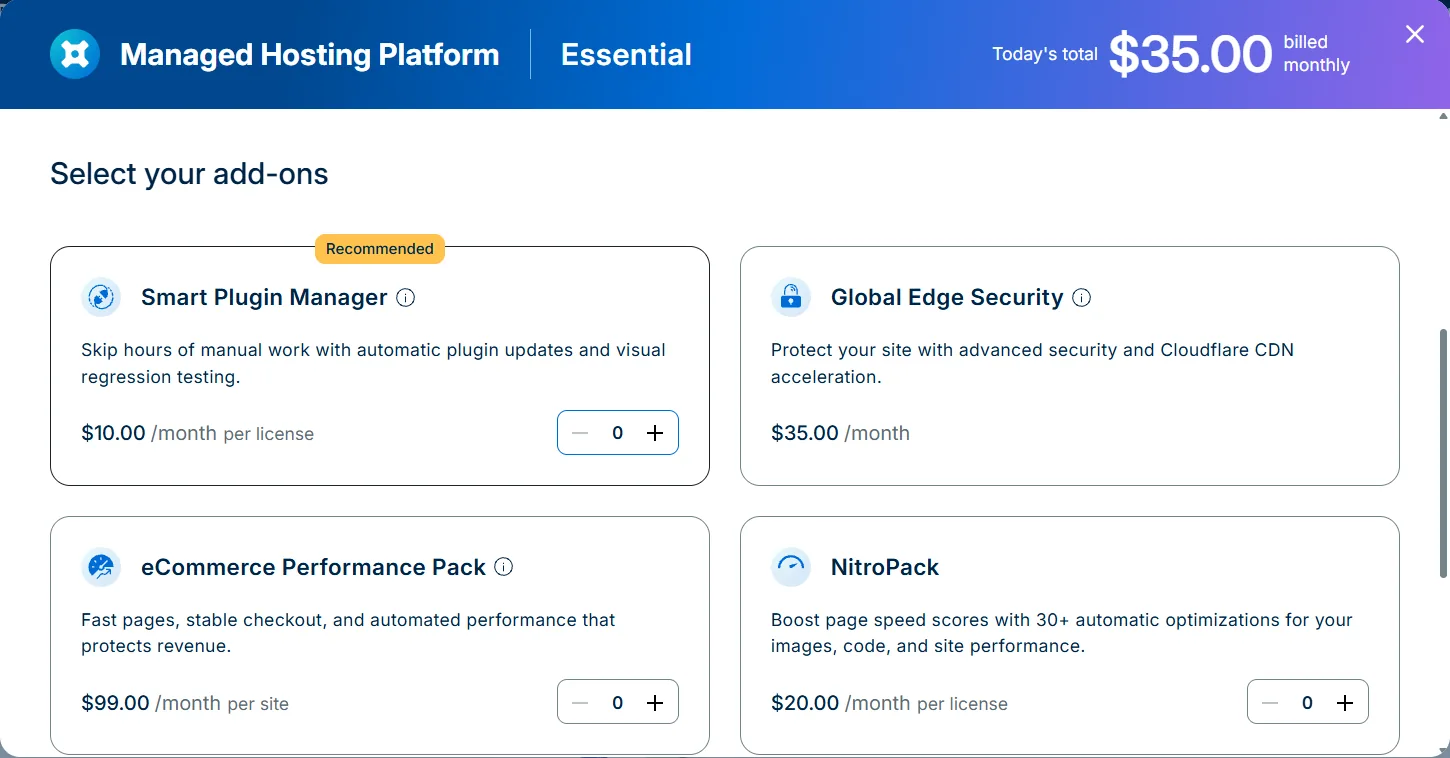 صفحة اختيار الإضافات في WP Engine: Smart Plugin Manager وGlobal Edge Security وeCommerce Performance Pack وNitroPack (أكتوبر 2026)