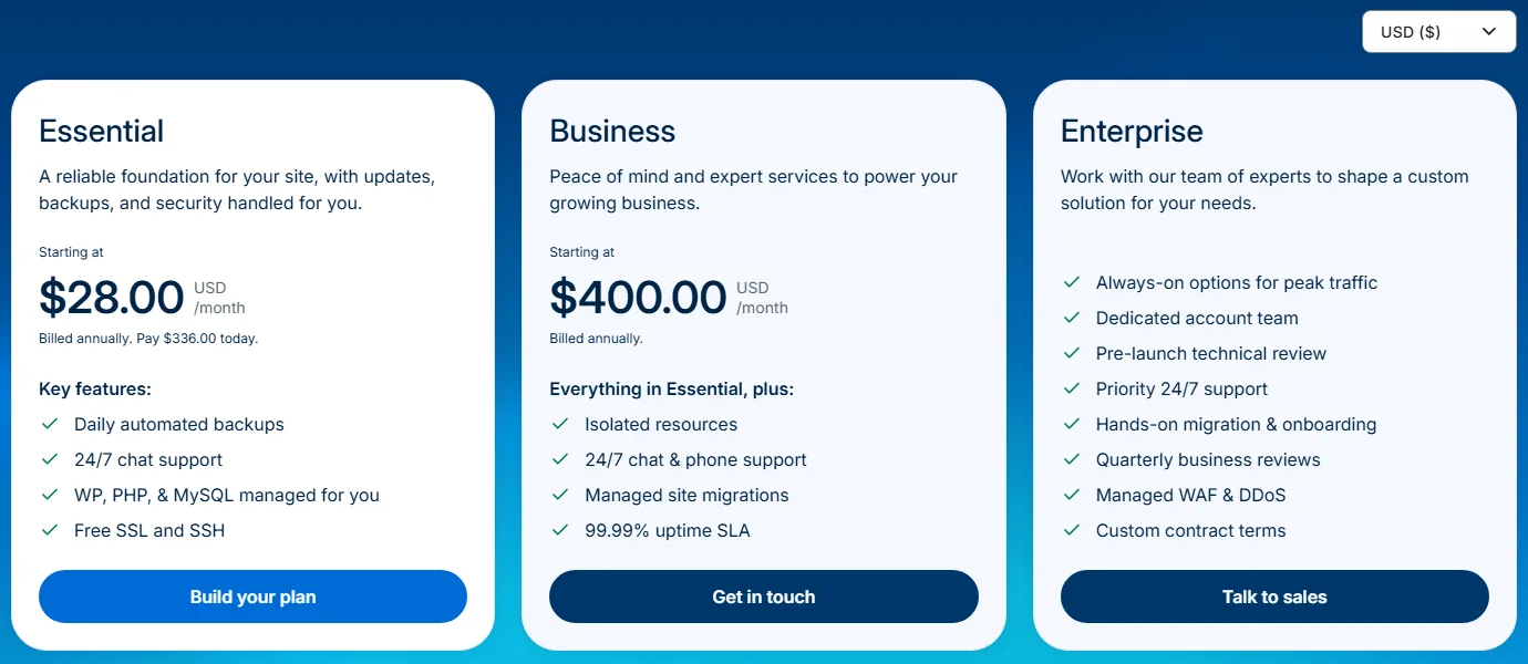 خطط WP Engine الثلاث Essential وBusiness وEnterprise كما تظهر في صفحة الأسعار (أكتوبر 2026)